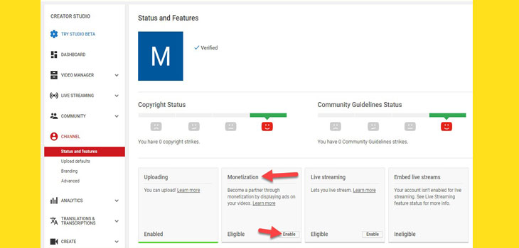 فعال کردن گزینه monetization در یوتیوب