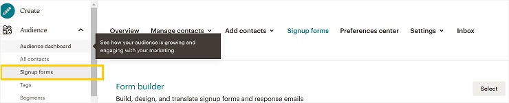 فرم ثبت نام در میل چیمپ