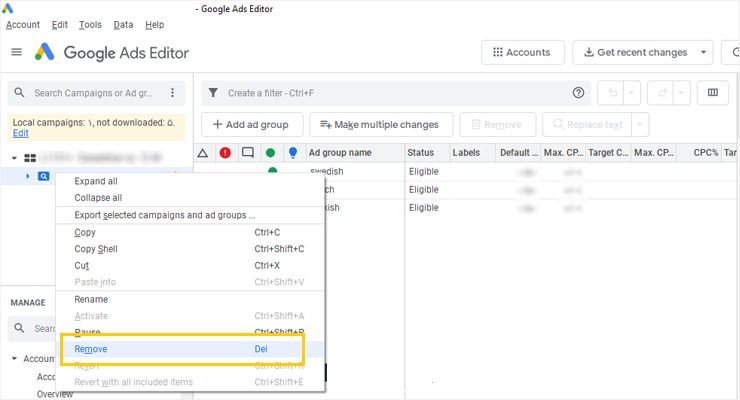 پاک کردن کمپین در گوگل ادز ادیتور