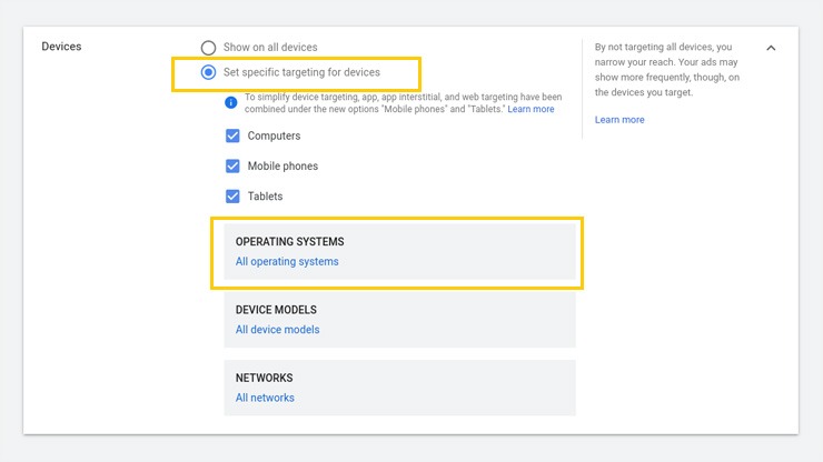 انتخاب گزینه set specific targeting for devices