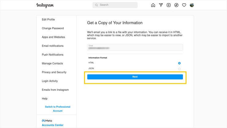 انتخاب نوع فایل برای دانلود اطلاعات اینستاگرام