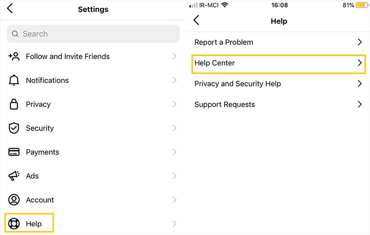 help cente اینستاگرام