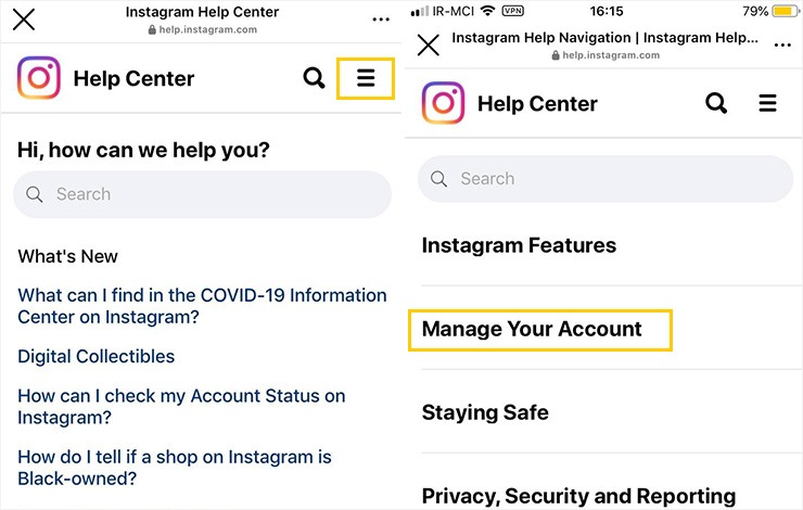 گزینه manage your account در اینستاگرام