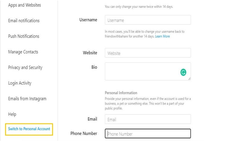 تبدیل اکانت بیزینسی به اکانت شخصی در نسخه وب اینستاگرام