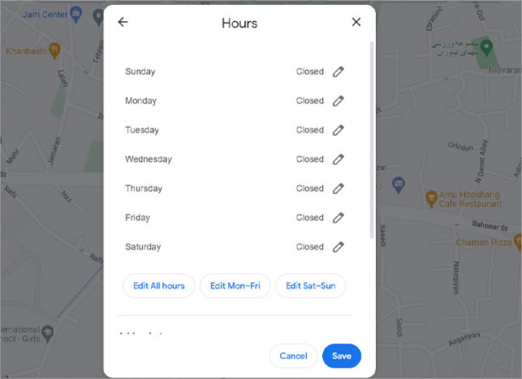 مشخص‌کردن ساعات کاری موقعیت مکانی در نقشه گوگل