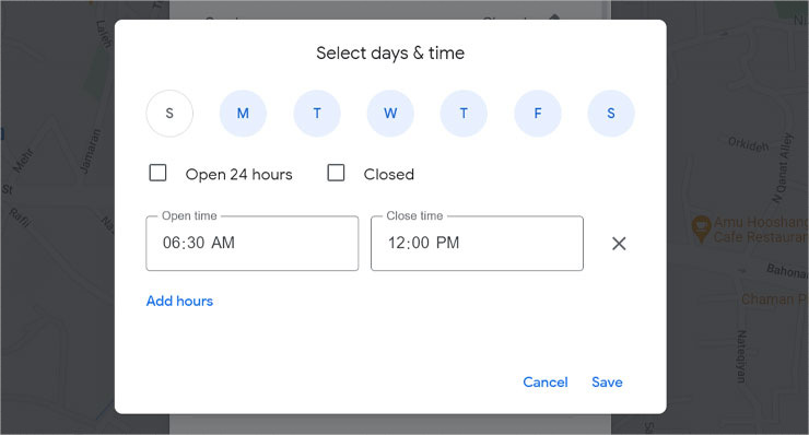 مشخص‌کردن ساعات کاری مجموعه در نقشه گوگل