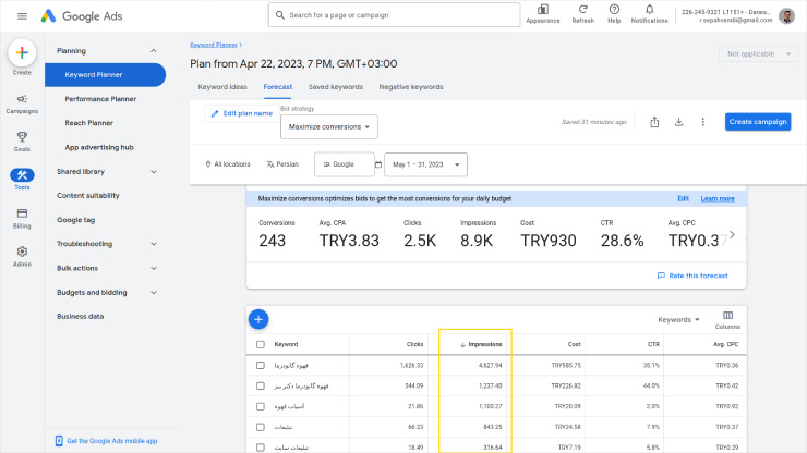 حجم جستجو را با Keyword Planner پیش بینی کنید