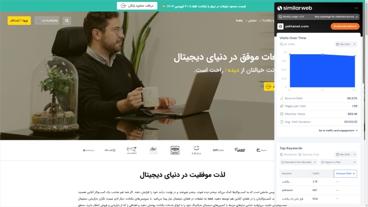 بررسی آمار بازدید سایت یکتانت با افزونه کروم similarweb